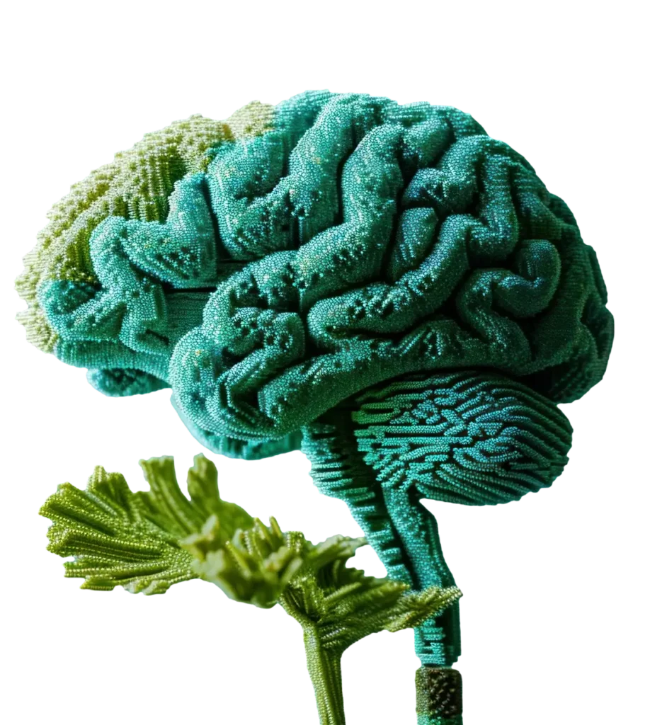 Künstlerische Darstellung eines Gehirns in leuchtendem Grün, das mit einer pflanzlichen Struktur kombiniert ist, um die Verbindung zwischen Natur und menschlicher Intelligenz zu symbolisieren. Ideal für Themen wie Neurobiologie, Kreativität und Umweltbewusstsein.