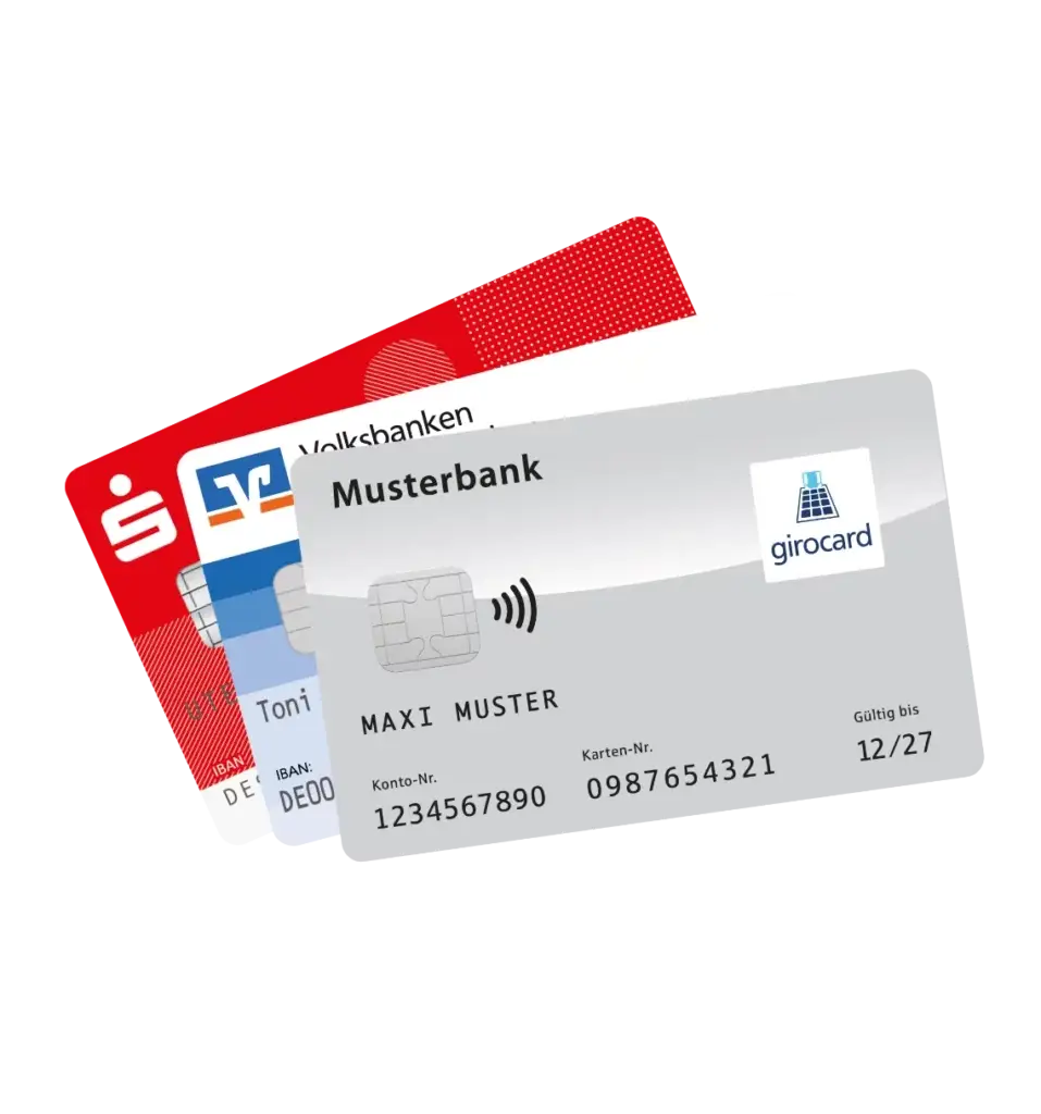 Abbildung von drei Bankkarten, darunter eine girocard der Musterbank und zwei Karten von Volksbanken, die wichtige Informationen wie Kontonummer und Gültigkeitsdatum zeigen.