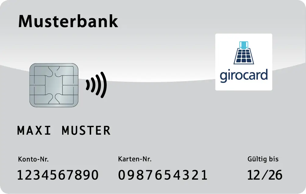 Bild einer Muster-Girokarte mit Chip, kontaktloser Zahlungsfunktion, Kontonummer, Karten-Nummer, Name des Karteninhabers und Gültigkeitsdatum bis Dezember 2026.