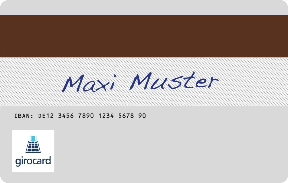 Girocard mit dem Namen Maxi Muster und einer IBAN auf grauem Hintergrund, geeignet für digitale Zahlungsabwicklungen in Deutschland.
