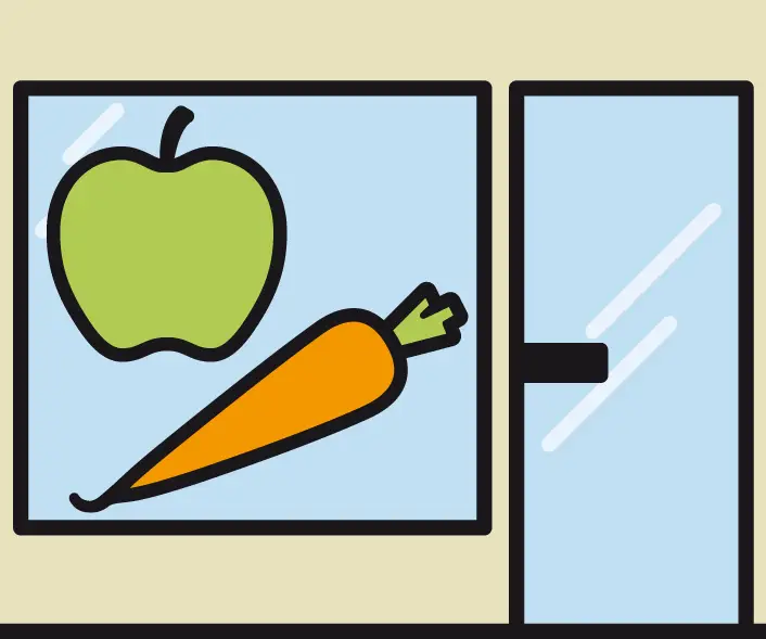 Illustration eines Kühlschranks mit einer grünen Apfel- und einer orangefarbenen Karotten-Darstellung, die gesunde Ernährung symbolisieren.