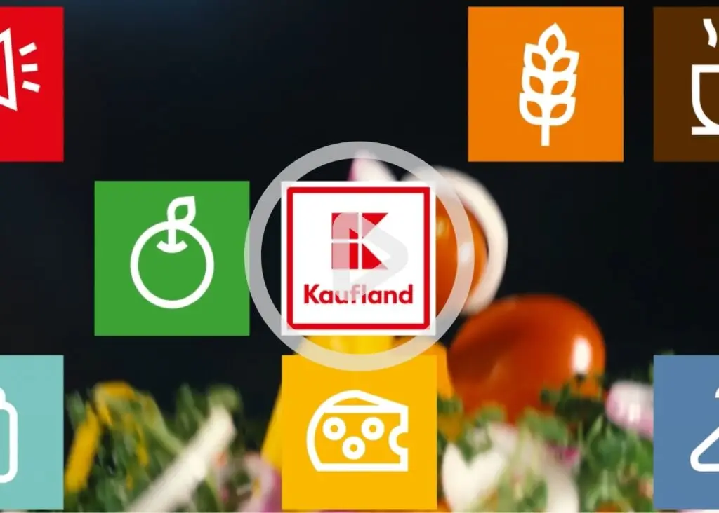 Logo von Kaufland umgeben von Symbolen für frische Lebensmittel, Obst, Getreide und Getränke, auf einem unscharfen Hintergrund mit einer bunten Salatpräsentation.