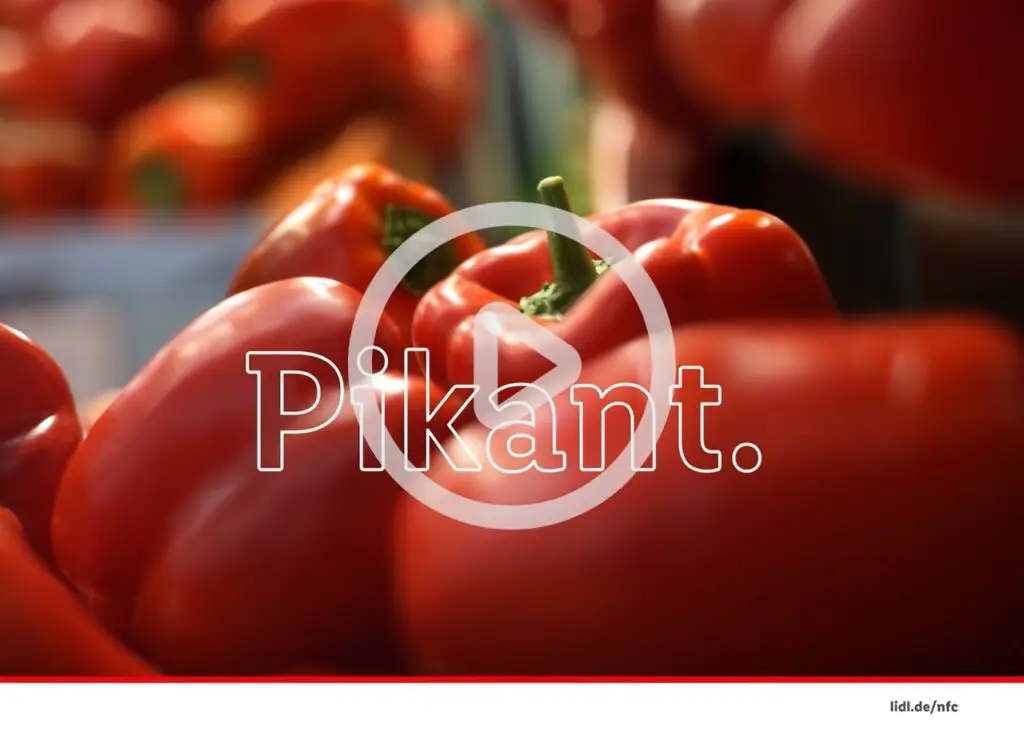 Nahaufnahme von frischen, roten Paprika, die in einem Markt präsentiert werden, mit dem Wort "Pikant" im Vordergrund, das auf den würzigen Geschmack hinweist.