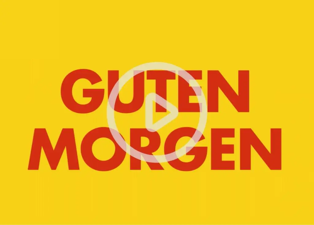 Text auf gelbem Hintergrund mit der Aufschrift Guten Morgen und einem Play-Symbol in der Mitte, das auf ein Video hinweist.
