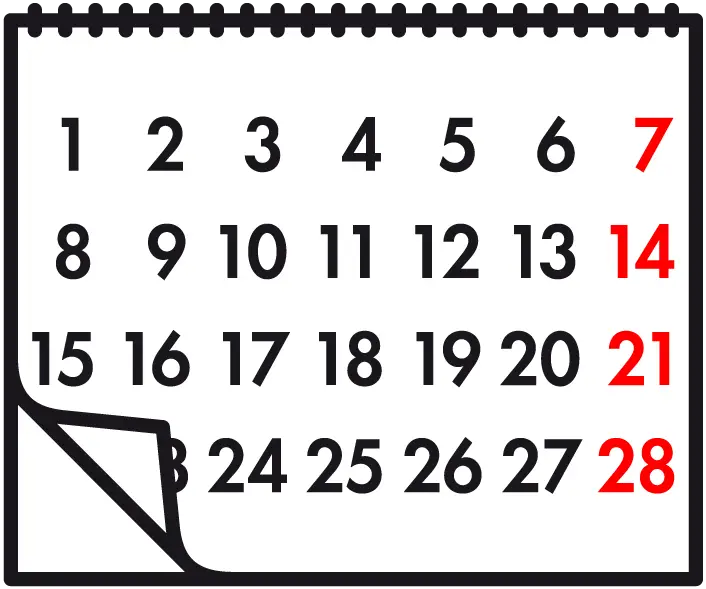 Kalenderblatt mit hervorgehobenen Tagen, zeigt die Zahlen von 1 bis 28 in schwarz und rot, ideal zur Visualisierung von Terminen oder wichtigen Daten.
