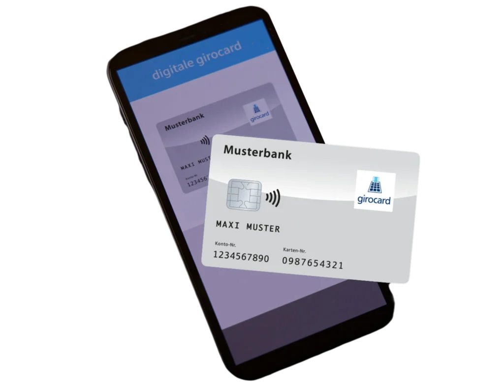 Digitale Girocard der Musterbank auf einem Smartphone, zeigt die Kontoinformationen und ermöglicht kontaktloses Bezahlen.