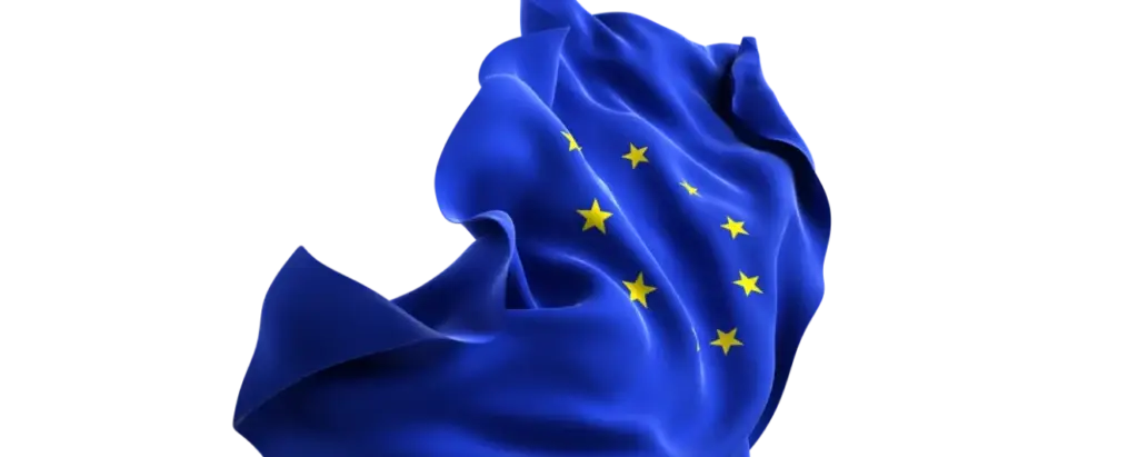 Welliges Bild der Flagge der Europäischen Union mit blauer Hintergrundfarbe und gelben Sternen, die den Zusammenhalt und die Einheit der Mitgliedstaaten symbolisieren.