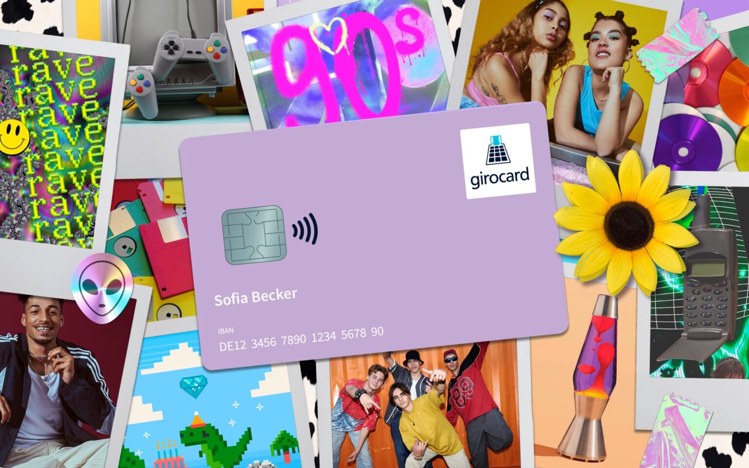 Die girocard liegt auf einer Collage, die Motive aus den 90er-Jahren zeigt (z. B. eine Lava-Lampe).