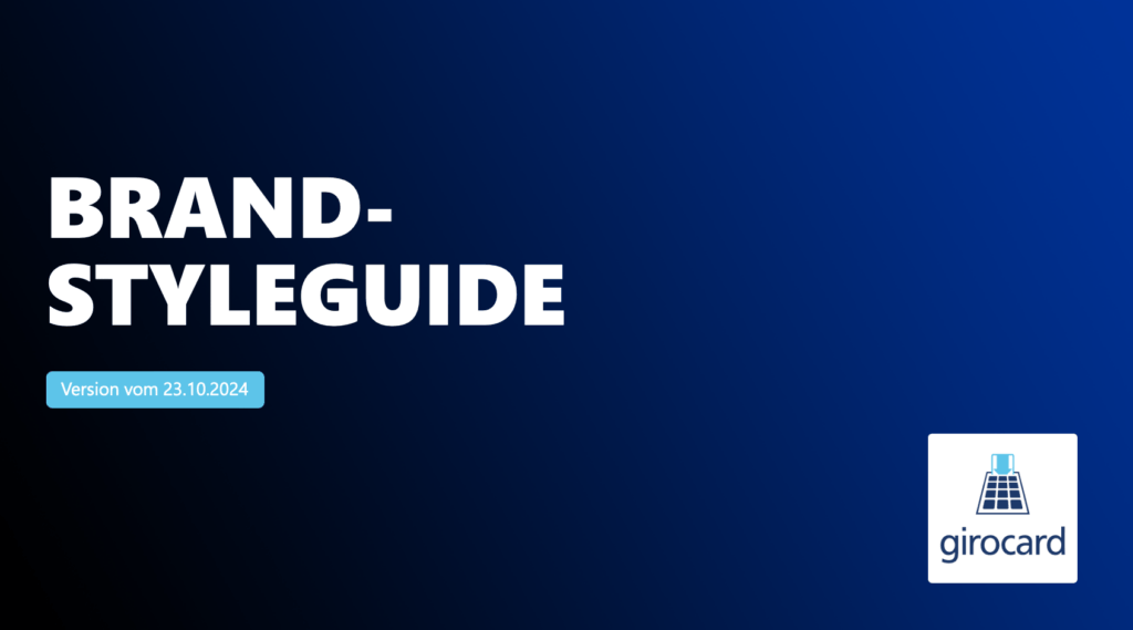 Brand-Styleguide der girocard, Version vom 23.10.2024, auf blauem Hintergrund mit auffälliger Schrift.