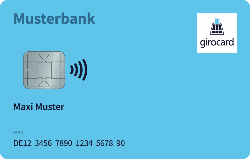 Kreditkarte der Musterbank mit kontaktloser Zahlungstechnologie, personalisiert auf den Namen Maxi Muster, Hintergrund in hellem Blau, enthält IBAN-Nummer.
