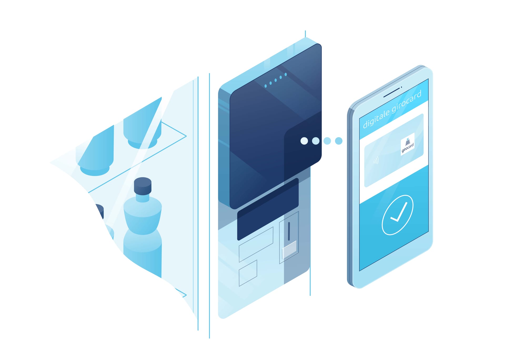 Illustration eines digitalen Zahlungssystems, das einen Automaten und ein Smartphone zeigt, auf dem eine digitale Girocard angezeigt wird. Die Grafik verdeutlicht den kontaktlosen Zahlungsprozess für Produkte aus einem Automaten.