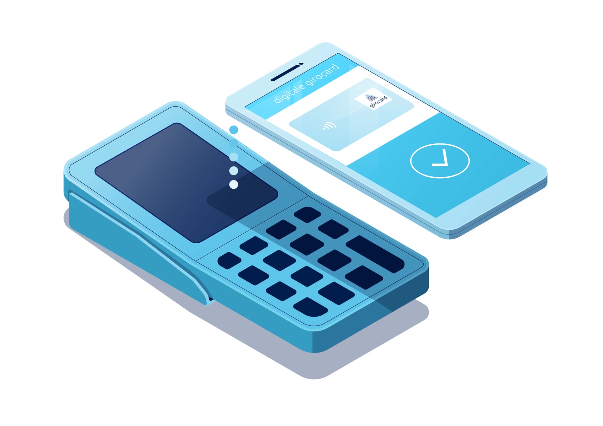 Illustration eines blauen Mobiltelefons und eines digitalen Geräts mit einer digitalen Geschenkkarte, die moderne Technologien zur kontaktlosen Zahlung darstellen.