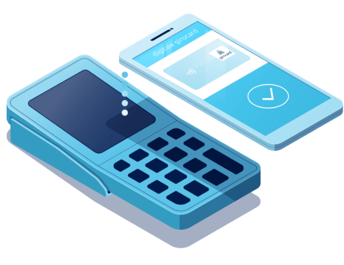 Abbildung eines modernen Zahlungsmethoden-Setups, das ein mobiles Gerät mit einer digitalen Geschenkkarte und ein kontaktloses Zahlungsterminal zeigt, ideal für digitale Transaktionen und modernes Bezahlen.