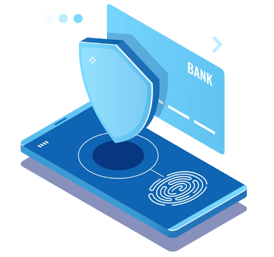 Grafische Darstellung eines Smartphones mit einem Schutzschild, das eine Bankkarte und einen Fingerabdruckscanner symbolisiert, um die Sicherheit von Online-Zahlungen zu verdeutlichen.
