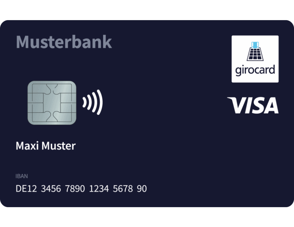 Kreditkarte der Musterbank mit kontaktloser Zahlungstechnologie, Visa-Logo und individueller IBAN.